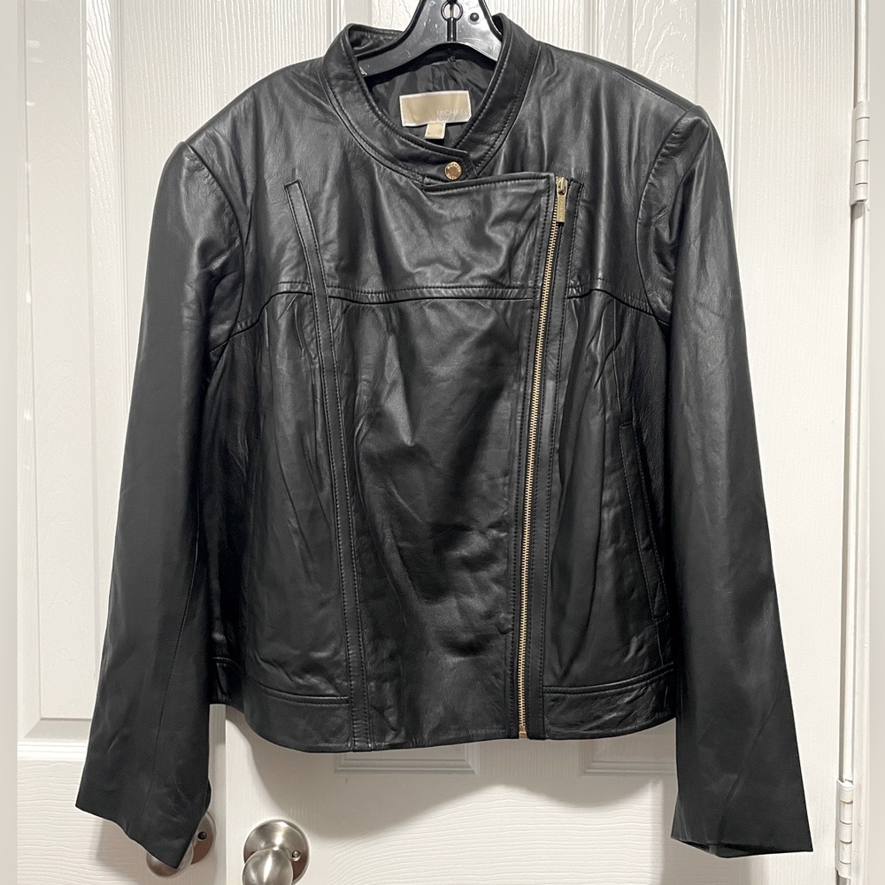 MICHAEL Michael Kors Black Leather Jacket Fitted Biker Style